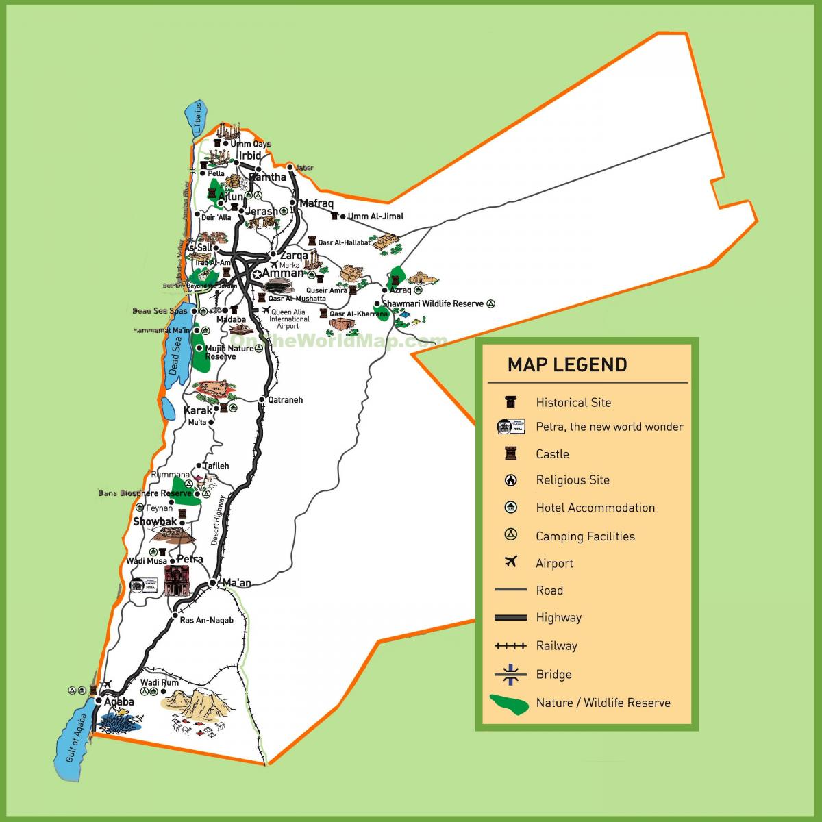 kaart van die Jordaan toeriste sites