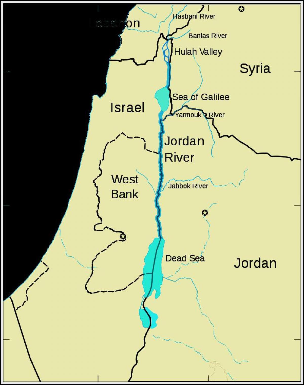 Jordaan-rivier midde-ooste kaart