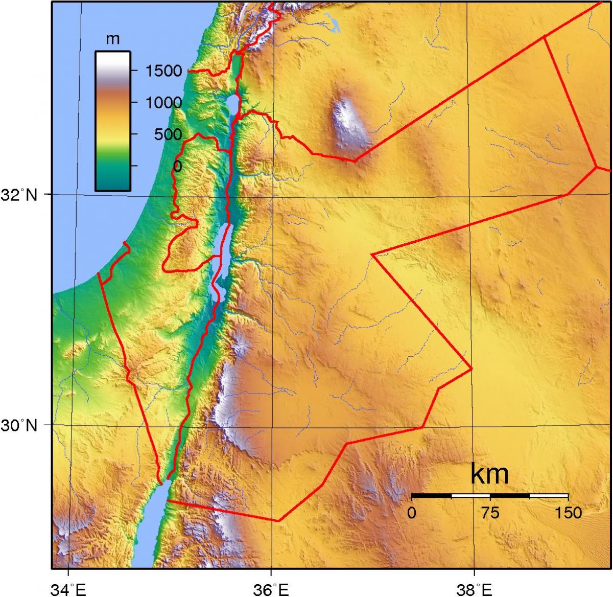 kaart van die Jordaan topografiese